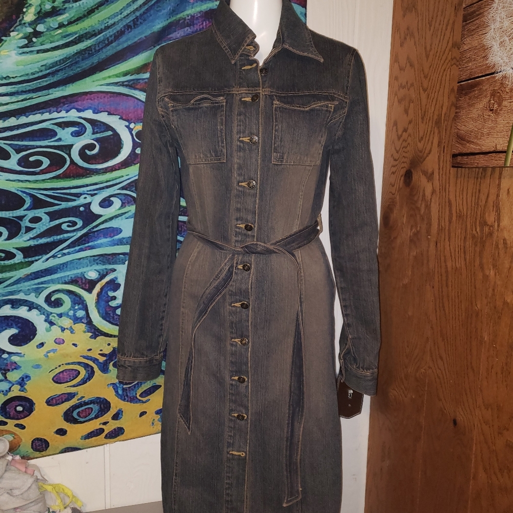 Denim Button-Front Shirt Dress with Waist Tie - Dark Wash (Fits Like a 4-6!)